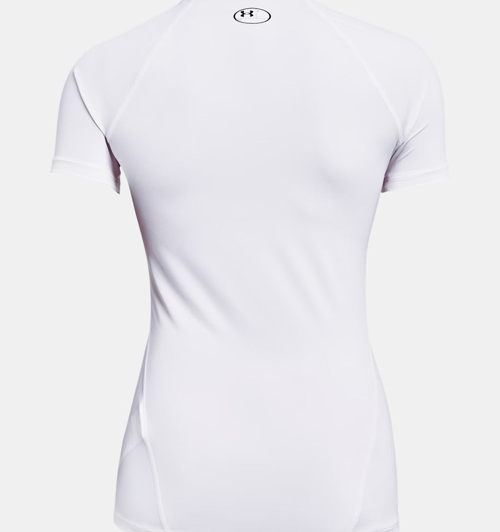 Femme - Compression UA manches courtes blanc (logo gris UA)
