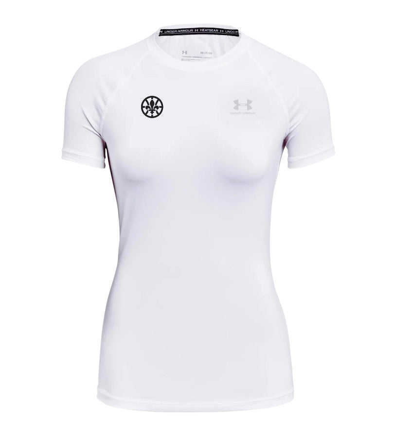 Femme - Compression UA manches courtes blanc (logo gris UA)